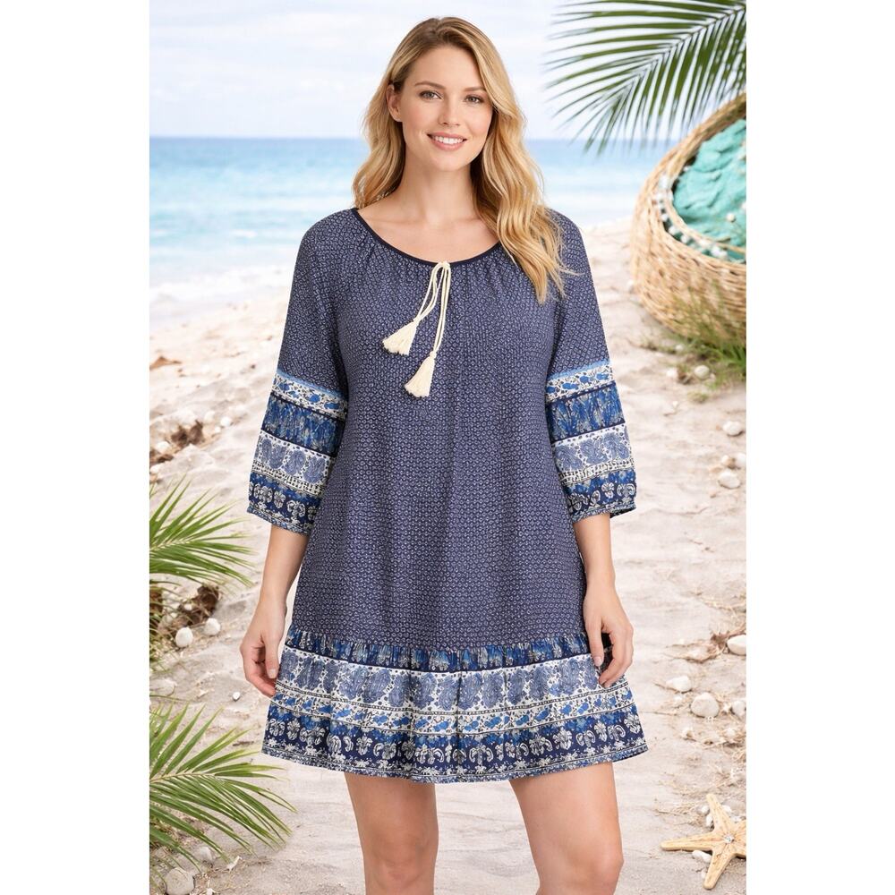 Andree Boho Peasant Blouse Indie Prairie Festival Cottagecore Blue Paisley Top M